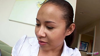 Curvy brown girl with big natural saggy tits talk to old young fuck by big cock black guy