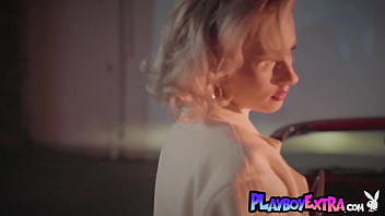 Bombastic small tits blonde hottie posing naked in her car