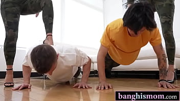 Intense home boot camp turns into a wild foursome with stepmoms