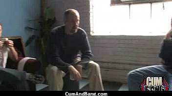 Ebony babe sucks group of white guys 7