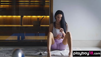 Big boobed naked brunette hottie relaxing after training