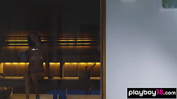 Big boobed naked brunette hottie relaxing after training