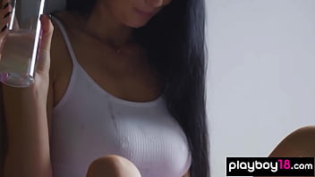 Big boobed naked brunette hottie relaxing after training