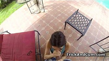 Petite chloe eating cock on knees in back yard