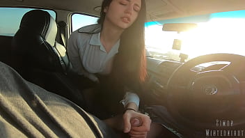 Slutty coworker sucks cock in the car and swallows a mouthful of cum
