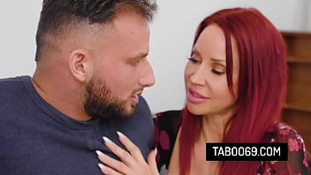 Busty redhead stepmom convince her lazy stepson to pound her pussy