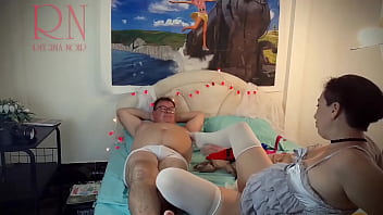 Wonderful blowjob maid in white stockings jerking a cunt cum on pussy s1