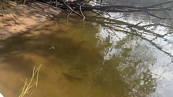 Brunette with natural tits and big ass enjoys sex in nature by a beautiful river outdoor amateur couple pov sex