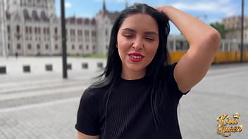 Kira queen strips and fucks tourist raw on living room sofa