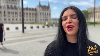 Kira queen strips and fucks tourist raw on living room sofa