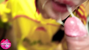 Blindfolded brunette deepthroat big cock and facial pov