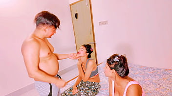 Uttaran20 two hot ass gals sharing on a big hard dick on the bed