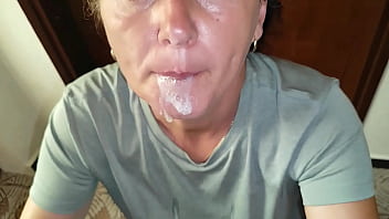 Stepson his cheating stepmom hot milf is doing blowjobs with cum in mouth