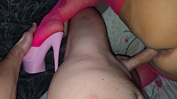 Pink stockings and high heels led to cum in pussy