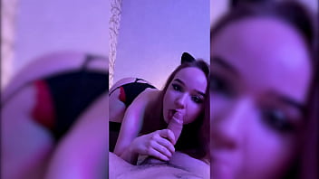 Blowjob and handjob from busty beauty in stockings while playing with domi vibrator