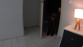 Lustful neighbor slut in black stockings moans passionately when sucking cock and receiving cum in mouth amateur pov blowjob