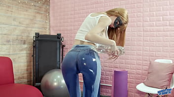 Perfect thigh gap skinny model wet jeans puffy cameltoe round butt