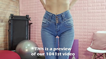Perfect thigh gap skinny model wet jeans puffy cameltoe round butt