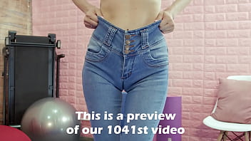 Perfect thigh gap skinny model wet jeans puffy cameltoe round butt