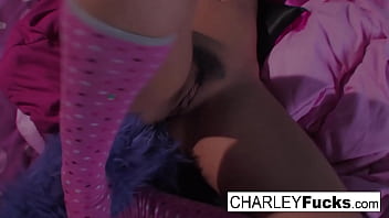 Big tit brunette rubs her wet pussy