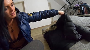 A lot of cum on my down jackets while wearing long boots and sexy clothes 212i received several jackets i already have