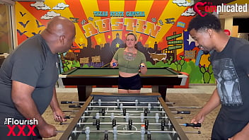 Trailer mrflourish and darren blaze were at a game of foosball when a curvy thick tattooed chic quinn marie walked in she broke the fellas concentration asking about pool balls and sticks