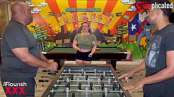 Trailer mrflourish and darren blaze were at a game of foosball when a curvy thick tattooed chic quinn marie walked in she broke the fellas concentration asking about pool balls and sticks