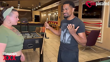 Trailer mrflourish and darren blaze were at a game of foosball when a curvy thick tattooed chic quinn marie walked in she broke the fellas concentration asking about pool balls and sticks