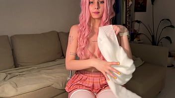 Meow a pink haired catgirl fucks a dildo moans sweetly and cums with a load of sperm for whiskas
