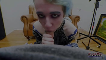 Petite blue haired raven finger fucks her twat and sucks a juicy big cock