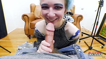 Petite blue haired raven finger fucks her twat and sucks a juicy big cock