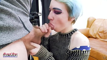 Petite blue haired raven finger fucks her twat and sucks a juicy big cock