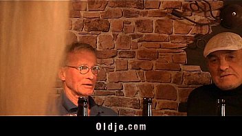 Daring blonde sucks two old dicks