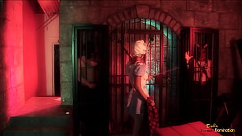 Slutty brunette chick put on sexy white lingerie and started sucking on two hard dicks in the dungeon before getting her shaved pussy and asshole fucked until she made both guys cum