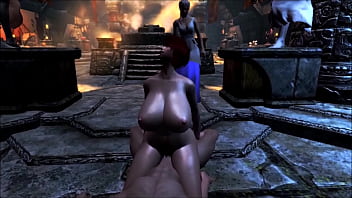 Extremley busty brunette rides a muscular man's cock in a fantasy realm