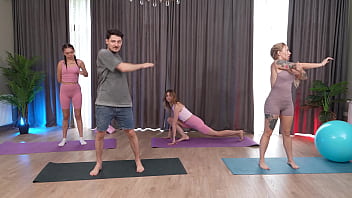 Fitness trainer fucks two clients