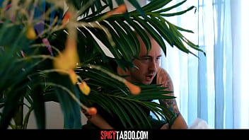 Blonde babe caught her boyfriend jerking behind the curtain