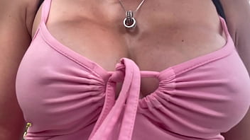 European stepmom artemisia love showing her juicy boobs underneath a pink dress in public