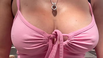 European stepmom artemisia love showing her juicy boobs underneath a pink dress in public