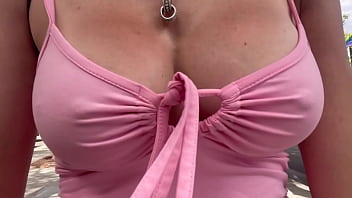 European stepmom artemisia love showing her juicy boobs underneath a pink dress in public