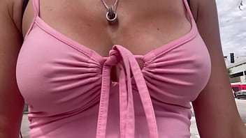 European stepmom artemisia love showing her juicy boobs underneath a pink dress in public