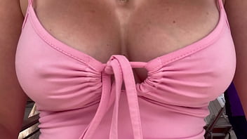 European stepmom artemisia love showing her juicy boobs underneath a pink dress in public