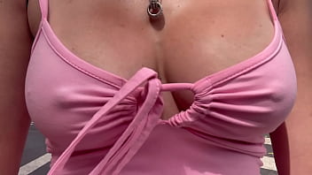 European stepmom artemisia love showing her juicy boobs underneath a pink dress in public