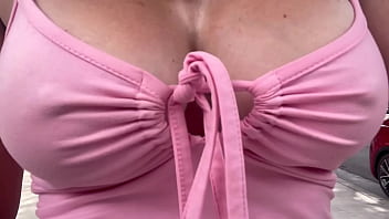 European stepmom artemisia love showing her juicy boobs underneath a pink dress in public