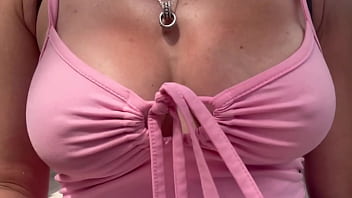European stepmom artemisia love showing her juicy boobs underneath a pink dress in public