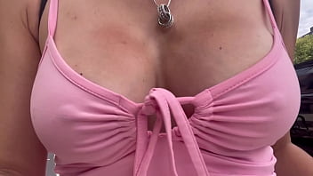European stepmom artemisia love showing her juicy boobs underneath a pink dress in public