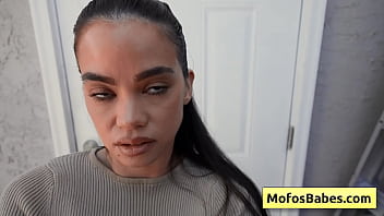 Big boobed black haired teenager gives wet blowjob like a pro
