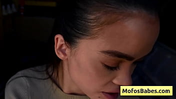 Big boobed black haired teenager gives wet blowjob like a pro