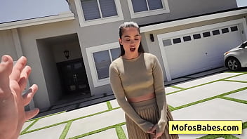 Big boobed black haired teenager gives wet blowjob like a pro