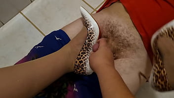 Making him cum hard using my high heels and hands